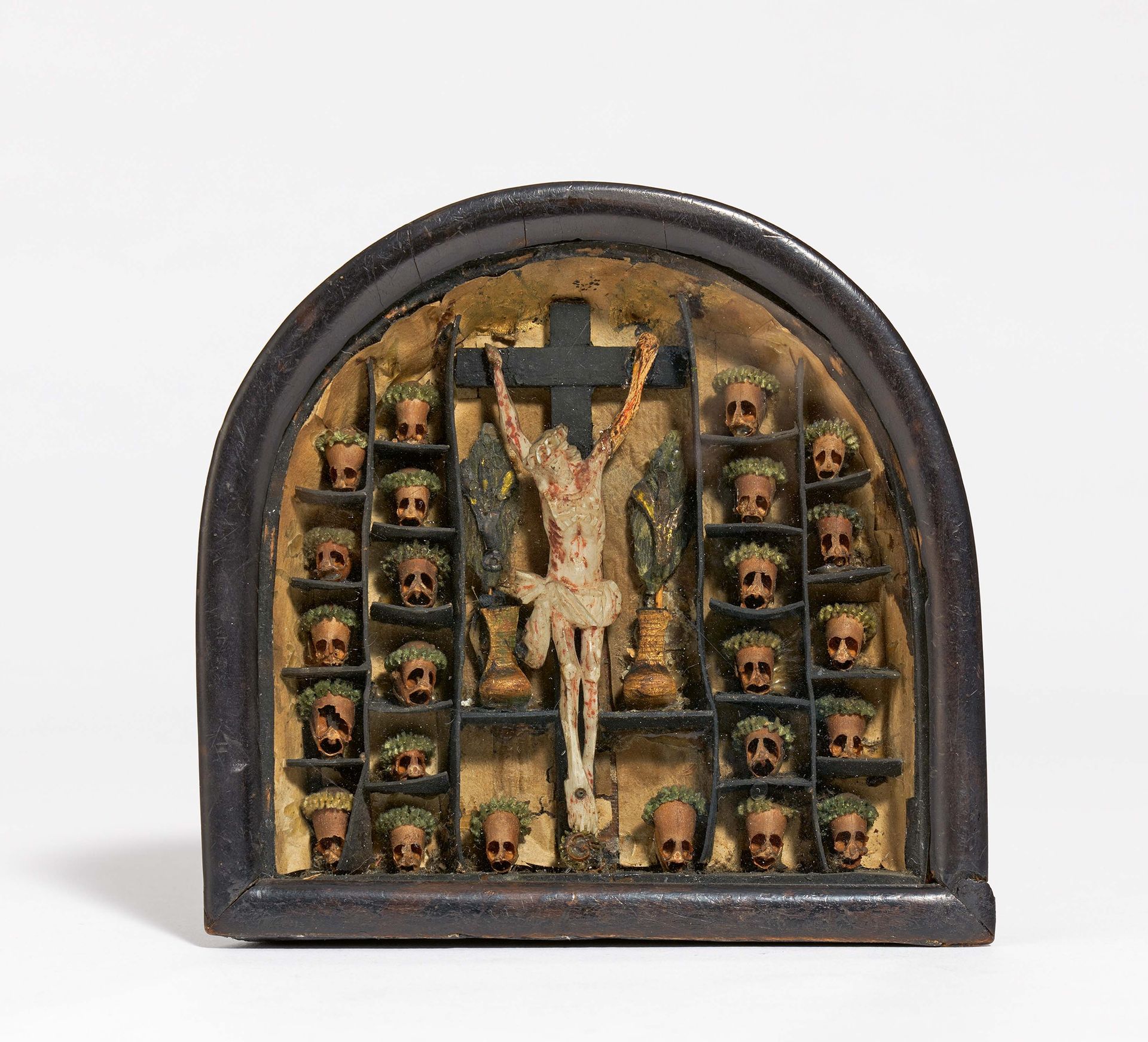 Southern German SMALL DISPLAY CASKET WITH CRUCIFIX FLANKED BY SKULLS. 

Southern&hellip;