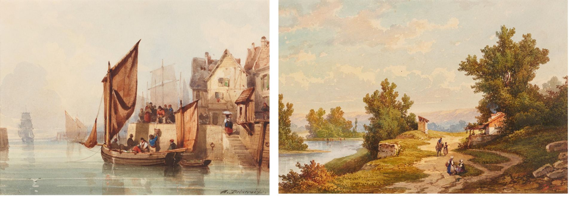 Französische Schule FRENCH SCHOOL
2nd h. 19th c.
Title: Two watercolors. 
 A) Br&hellip;