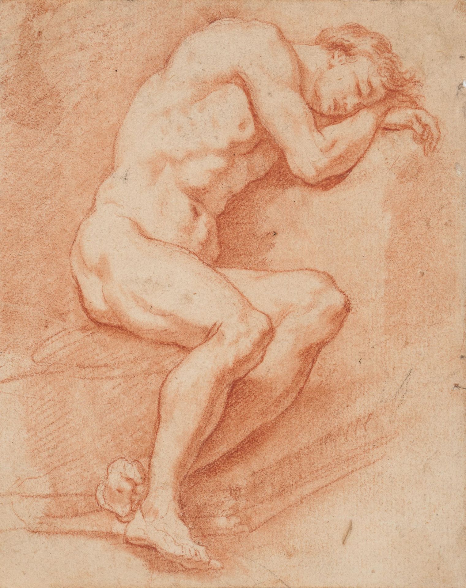 ITALIENISCHE SCHULE 意大利学校
18世纪
标题： 男性裸体。
研究。
技术： 红色粉笔画在纸上。
尺寸： 14,5 x 11,5cm。

意&hellip;