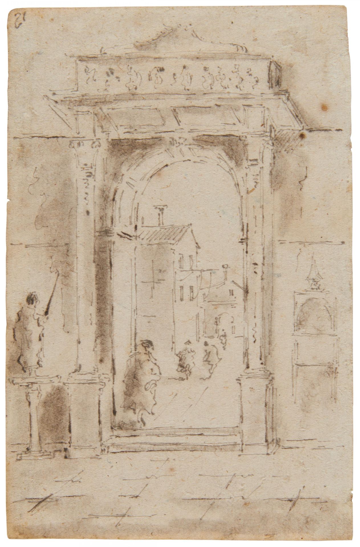 Venezianische Schule VENEZIAN SCHOOL
18世纪。
题目： 有大型门拱的城市景观。
Technique: 纸上水彩笔墨画（明信&hellip;