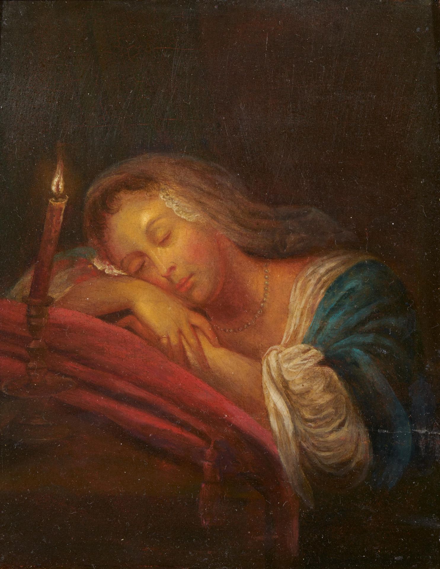 Belgische Schule 比利时学校
19世纪
标题： 烛光下的睡眠。
技术： 木头上的油画。
尺寸： 24,5 x 20厘米。
框架/底座：框架 。
&hellip;