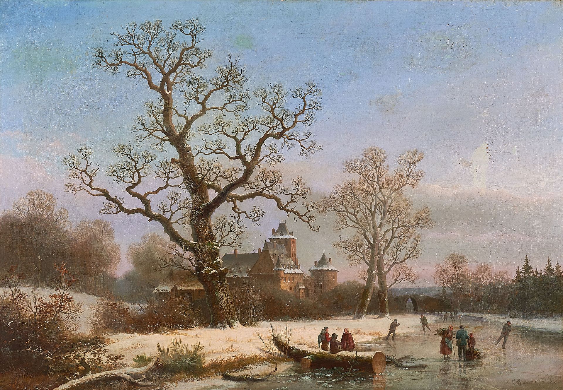Cäsar Bimmermann BIMMERMANN, CÄSAR
1821 Eupen - 1888 Düsseldorf

标题： 河边有溜冰者的城堡。
&hellip;