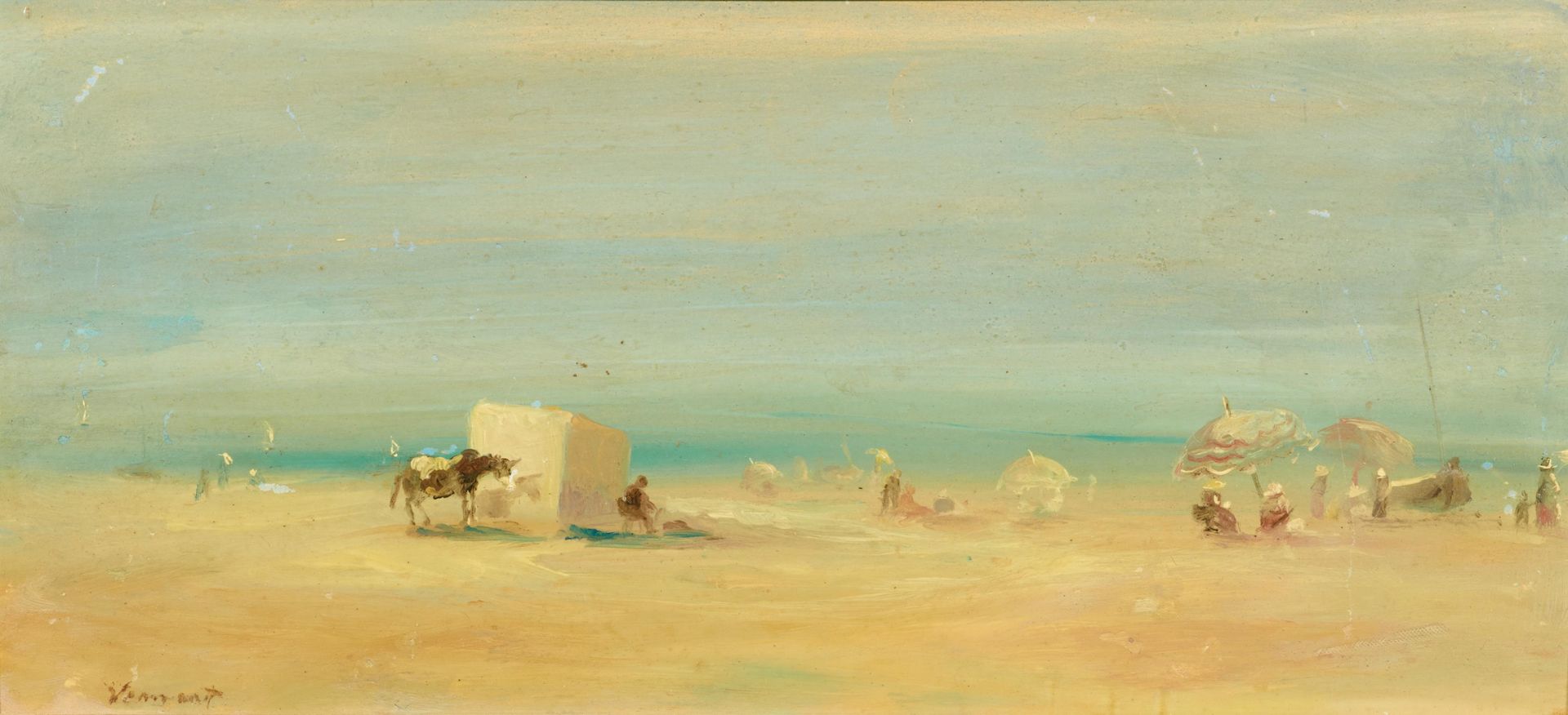 Französische Schule 法国学校
c. 1900
标题： 与驴子的海滩生活。
技术： 木头上的油画。
尺寸： 13.5 x 29.5厘米。
左下&hellip;