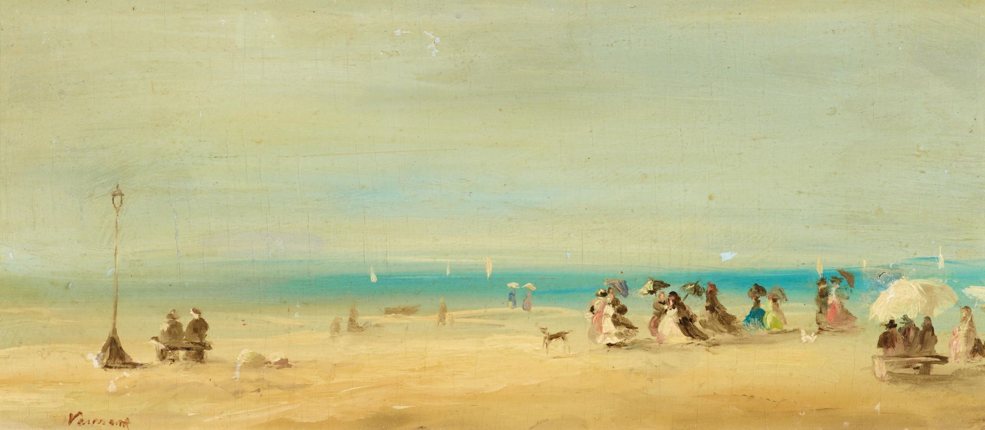 Französische Schule 法国学校
约1900年
标题： 海滩上的社会。
技术： 木板油画。
尺寸： 13 x 27,5厘米。
左下角签名不清楚。&hellip;