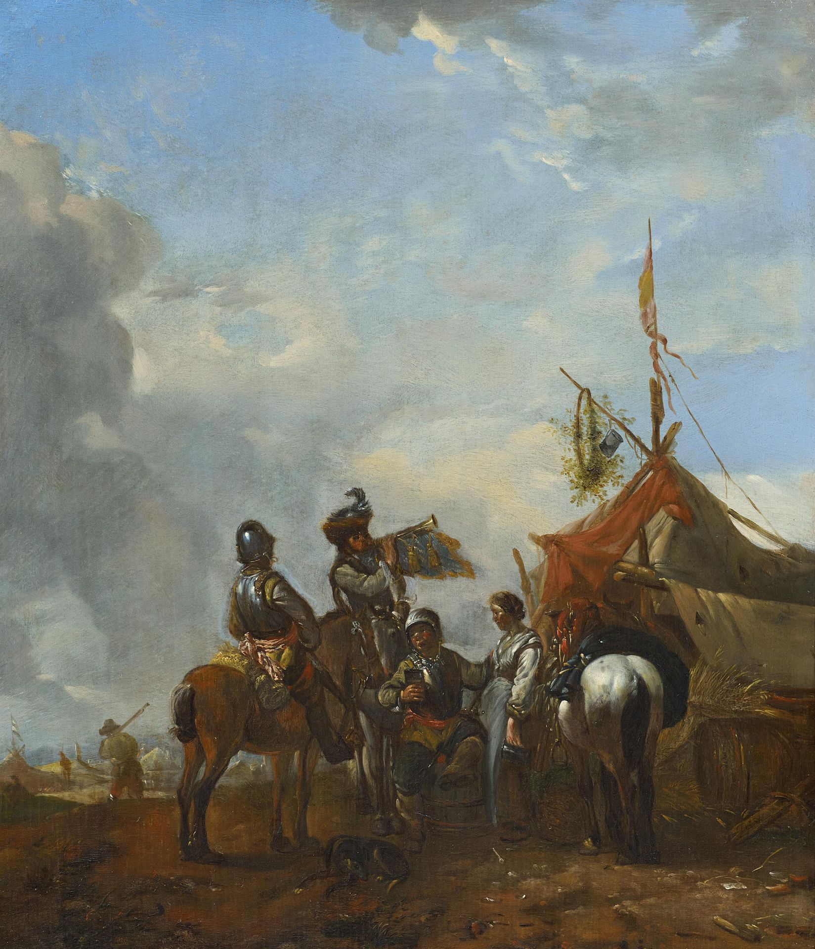 NIEDERLÄNDISCHE SCHULE ÉCOLE NÉERLANDAISE
17e / 18e siècle.
Titre : Dans le camp&hellip;