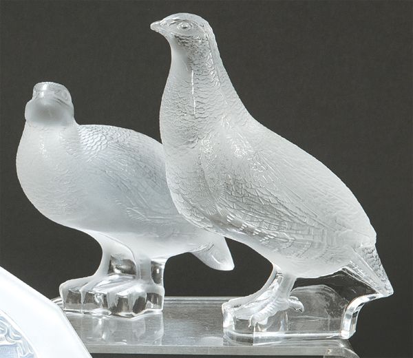 Pair of frozen glass partridges model by Marc Lalique h. 1945-60. Paire de perdr&hellip;