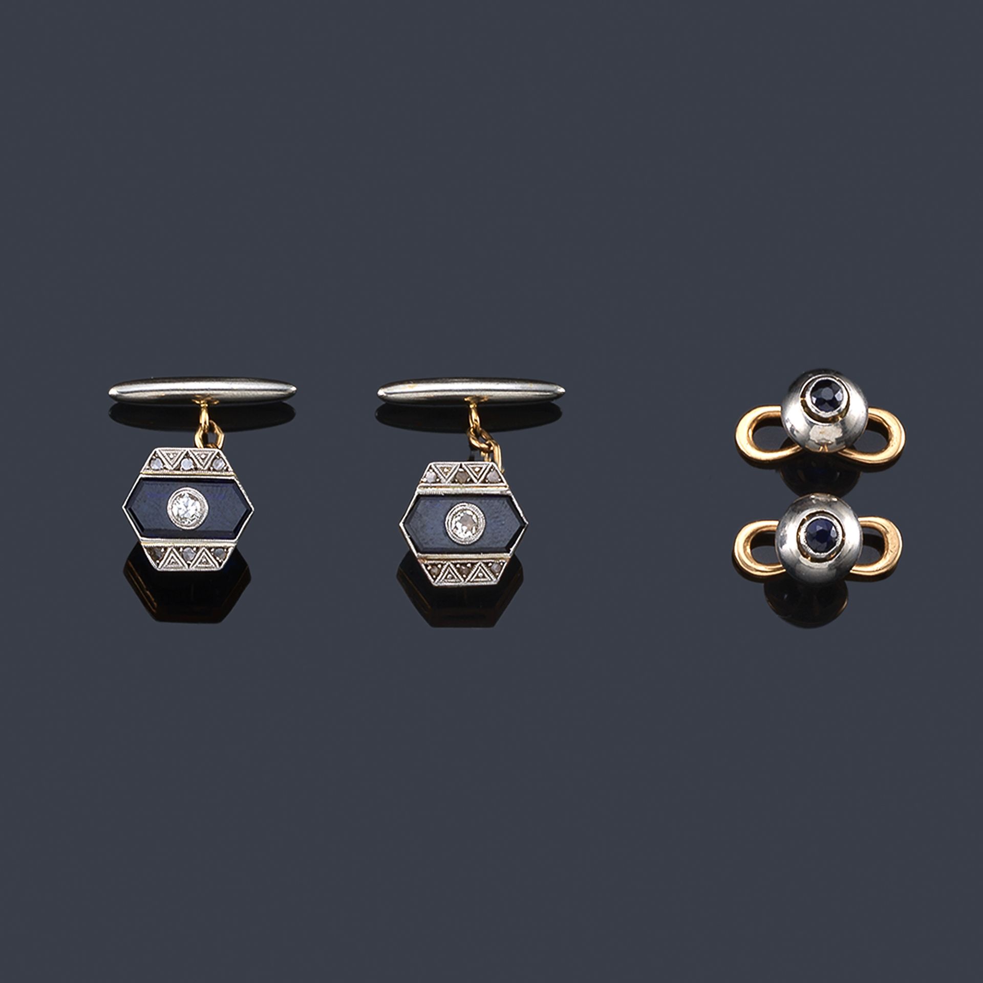 'Art Deco' cufflinks and pair of buttons with calibrated sapphires and old-cut d&hellip;