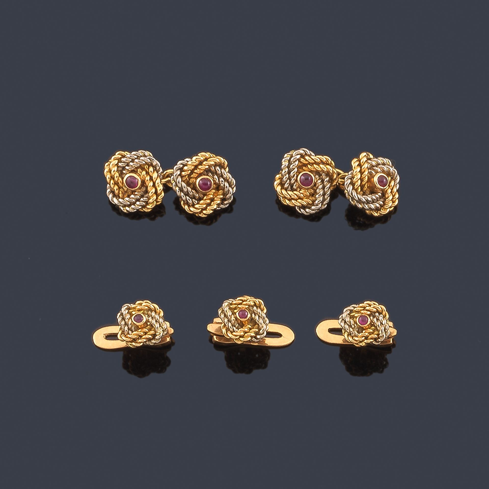 LUIS GIL Cufflinks and knot-shaped buttons made in 18K white and yellow gold wit&hellip;
