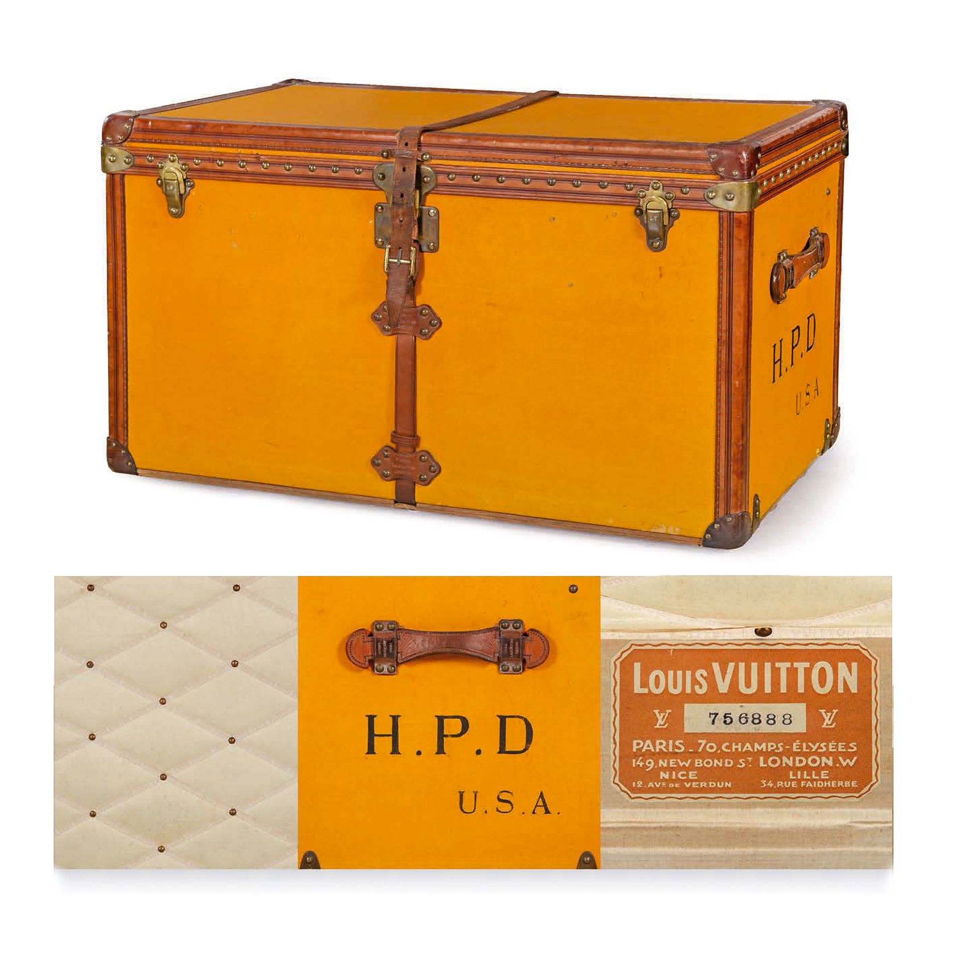 LOUIS VUITTON Trunk upholstered in orange leather, with leather fittings and cor&hellip;