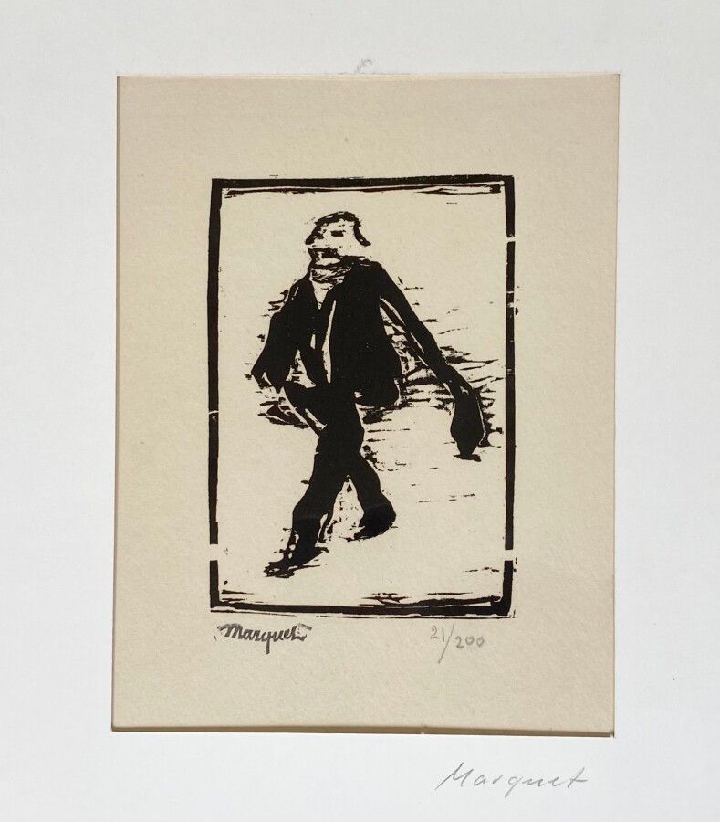 Null 阿尔伯特-马奎特（1875-1947年

徒步的人

原创木刻画，左下角有签名和印章，由国际业余绘画协会出版，编号为21/200，用铅笔书写，边缘有旧&hellip;