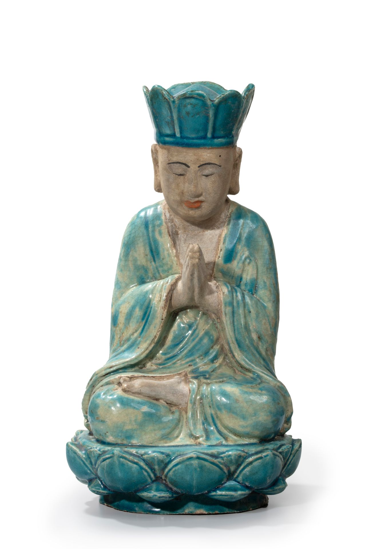 Null 
CHINE XIXème 

Un bouddha en céramique émaillée, son manteau, sa coiffe et&hellip;