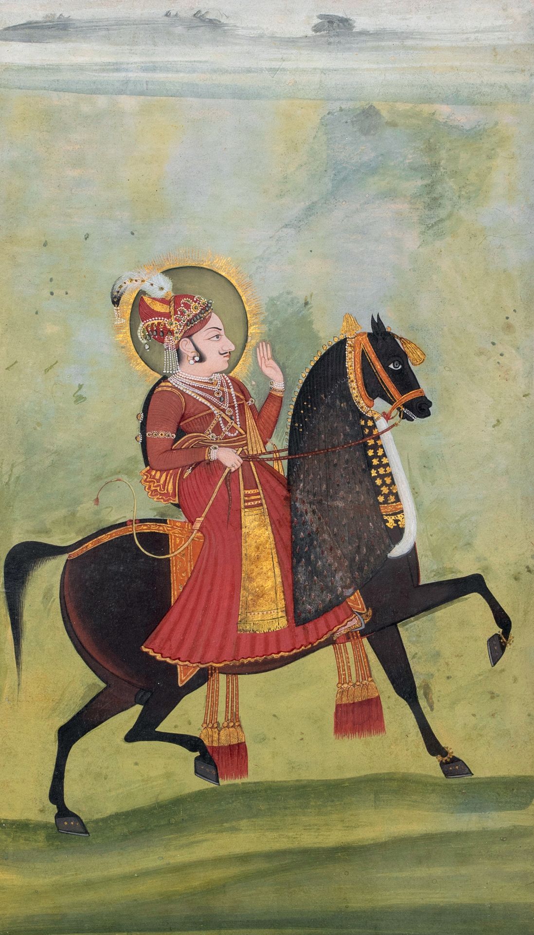 Null 马背上的大君肖像，可能是阿里-辛格 纸上墨水、颜料和黄金
印度，可能是梅瓦尔，18世纪下半叶 缩影高度：34.5厘米；缩影宽度：21厘米 边缘高度：3&hellip;