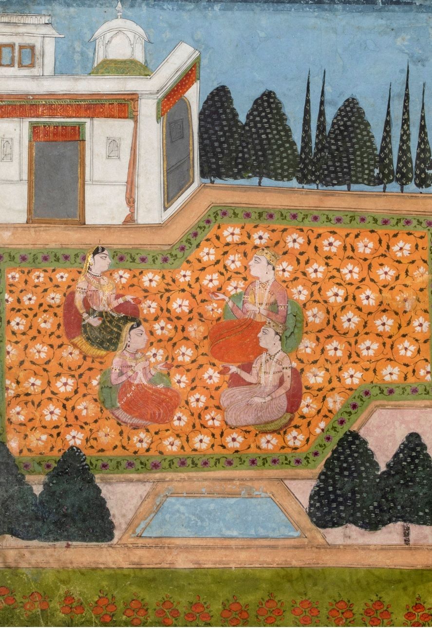 Null 宫廷露台上的宫女 水墨，纸上多色颜料 印度，德干，18-19世纪 高度：25；宽度：18厘米
两名妇女和两名男子坐在背景中可见的宫殿的鲜花露台上交谈。&hellip;