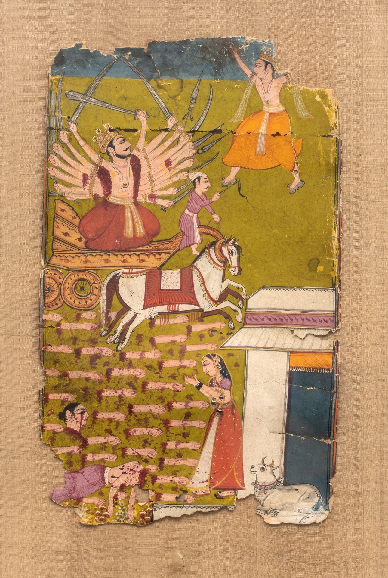 Null 罗摩衍那的场景 - 毁灭拉瓦纳 墨水、多色颜料和黄金在纸上
北印度，18-19世纪 高度：25；宽度：15.5厘米
这个场景来自著名的史诗故事《罗摩衍&hellip;