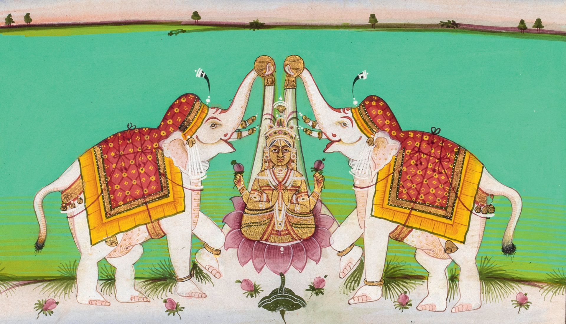 Null Gajalakshmi微型画 纸上多色颜料和黄金 北印度，19世纪 微型画高度：12；
微型画宽度：20.5厘米 高度页：22；宽度页：29厘米
Ga&hellip;