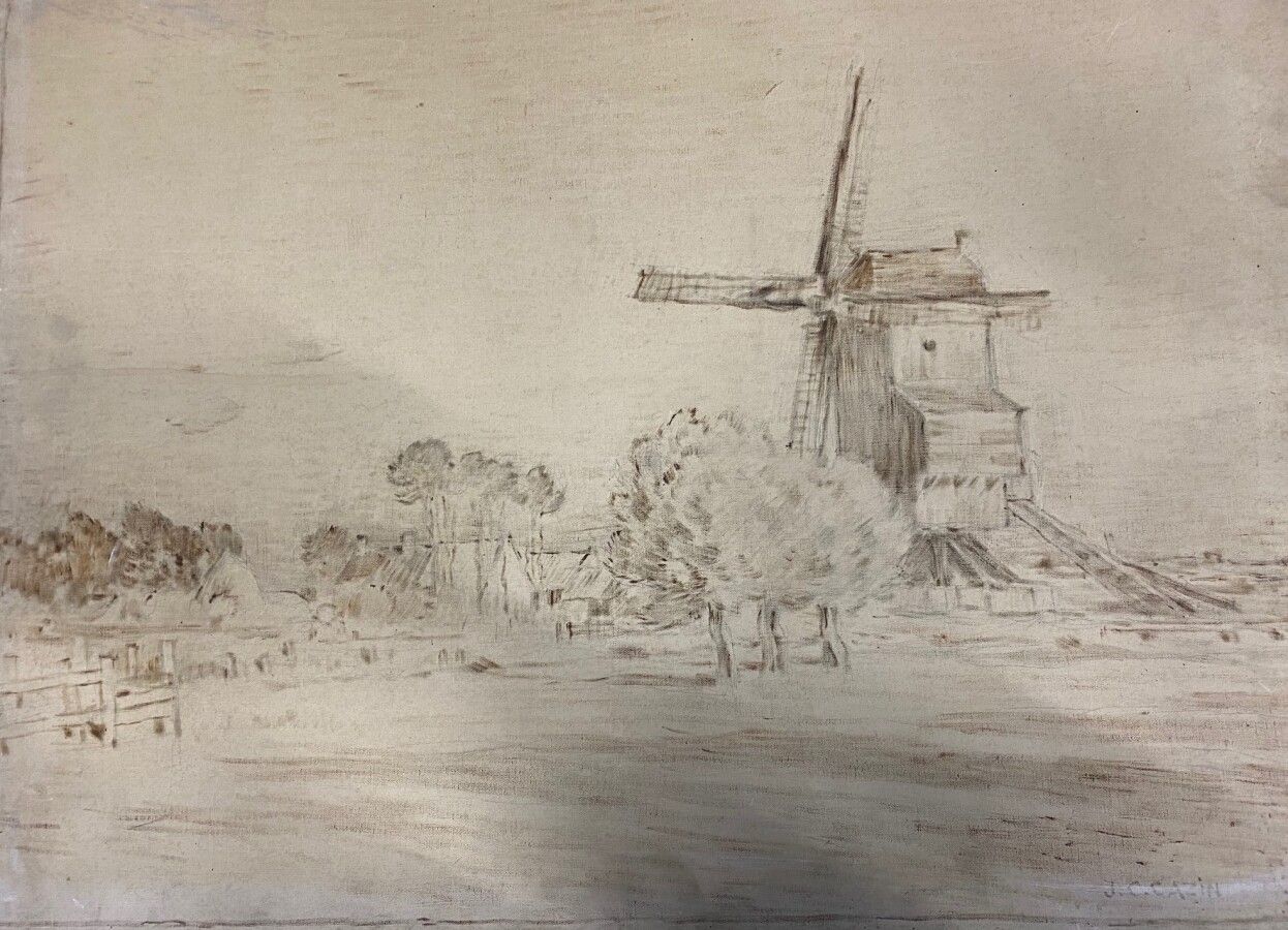 Jean-Charles CAZIN (1841-1901) • Moulin dans un paysage
Dessin et huile sur toil&hellip;