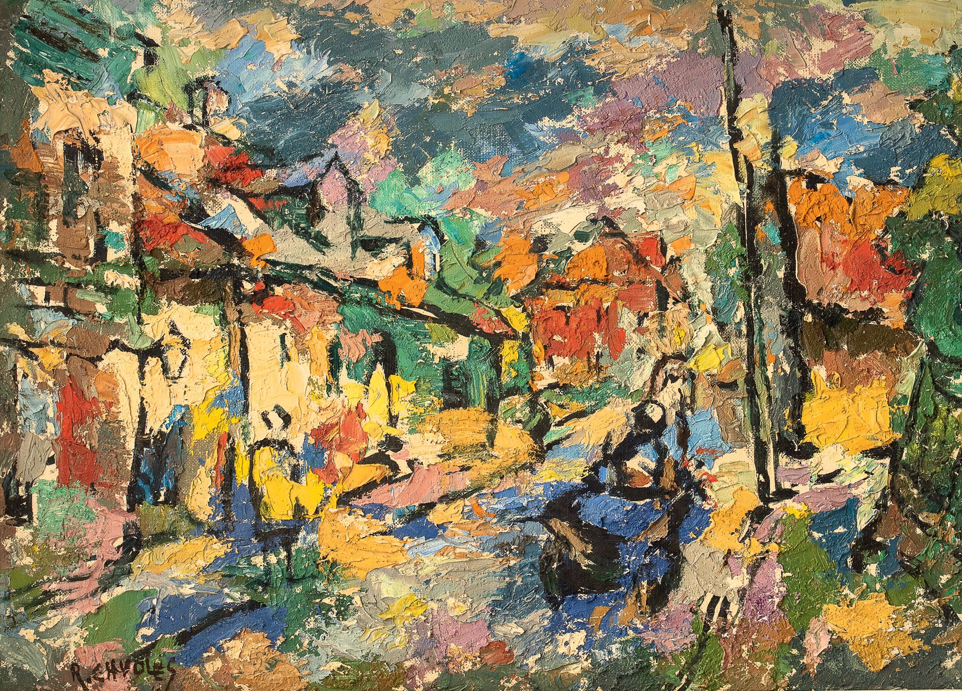 Raphael CHWOLES (CHVOLES)(1913-1922) - 城市景观
布面油画，左下角有签名，背面有注释（希伯来语？） 33 x 46 cm