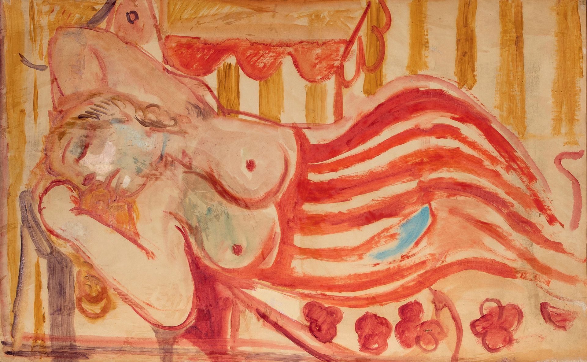 PIERRE TAL COAT (1905-1985) - 躺着的Xavière,1943
纸上油画，安装在画布上，右下角有小孔 64 x 103 cm