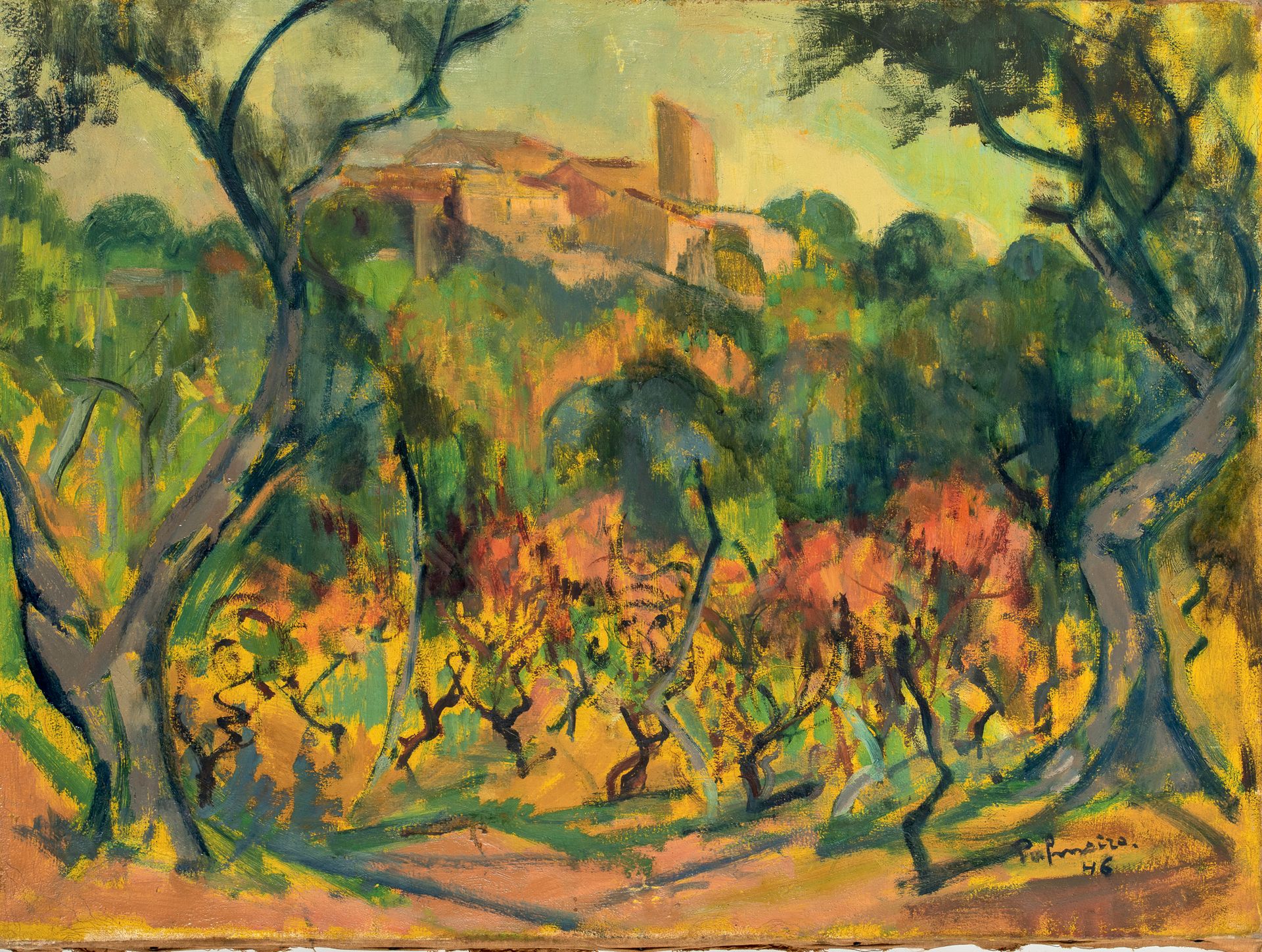 José PALMEIRO (1901/03-1994) - 有城堡的风景，1946年
布面油画，右下方有签名，有两个小凹痕 54 x 73 cm