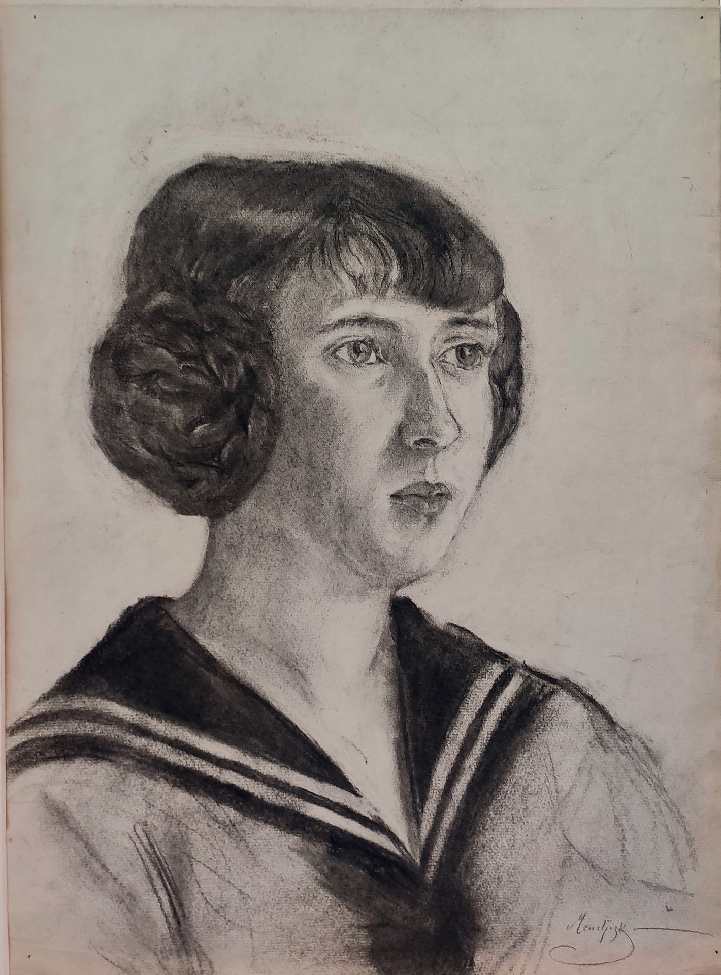 Maurice MENDJIZKY (1890-1951) - 一个年轻女孩的肖像，大约在1910-1915年
纸上木炭，右下角有签名，背面是海滩场景的草图。4&hellip;