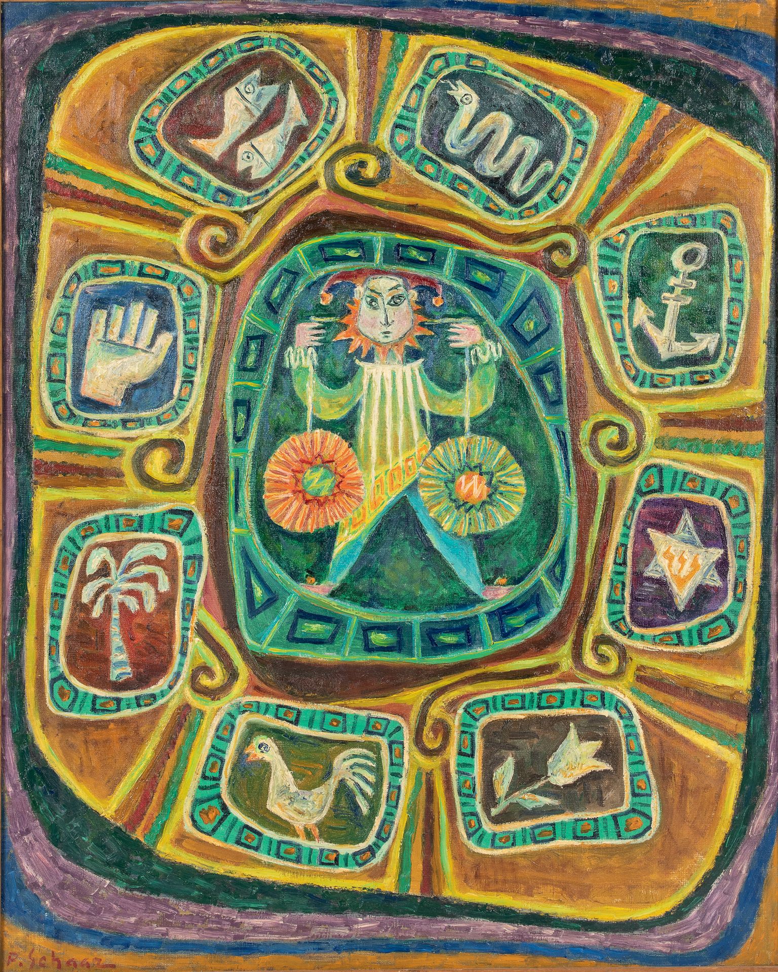 Pinchas SCHAAR (1923-1996) - 有人物的构图
布面油画，左下角签名 81 x 65 cm