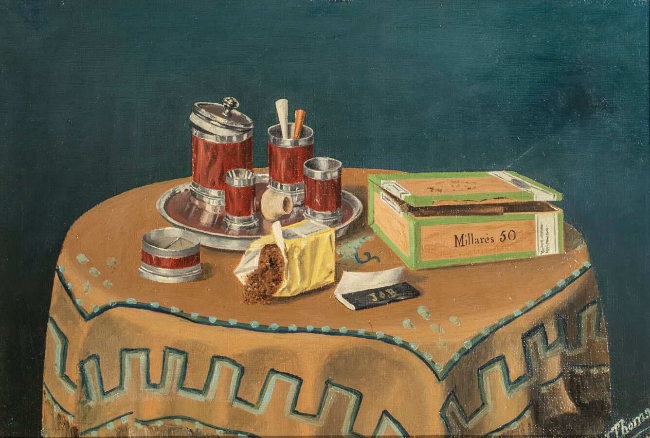 J. THOMAS ( XXème siècle) 有咖啡和一瓶朗姆酒的静物 有烟草的静物
两幅布面油画，右下和左下有签名，日期为1910年 22 x 32 c&hellip;