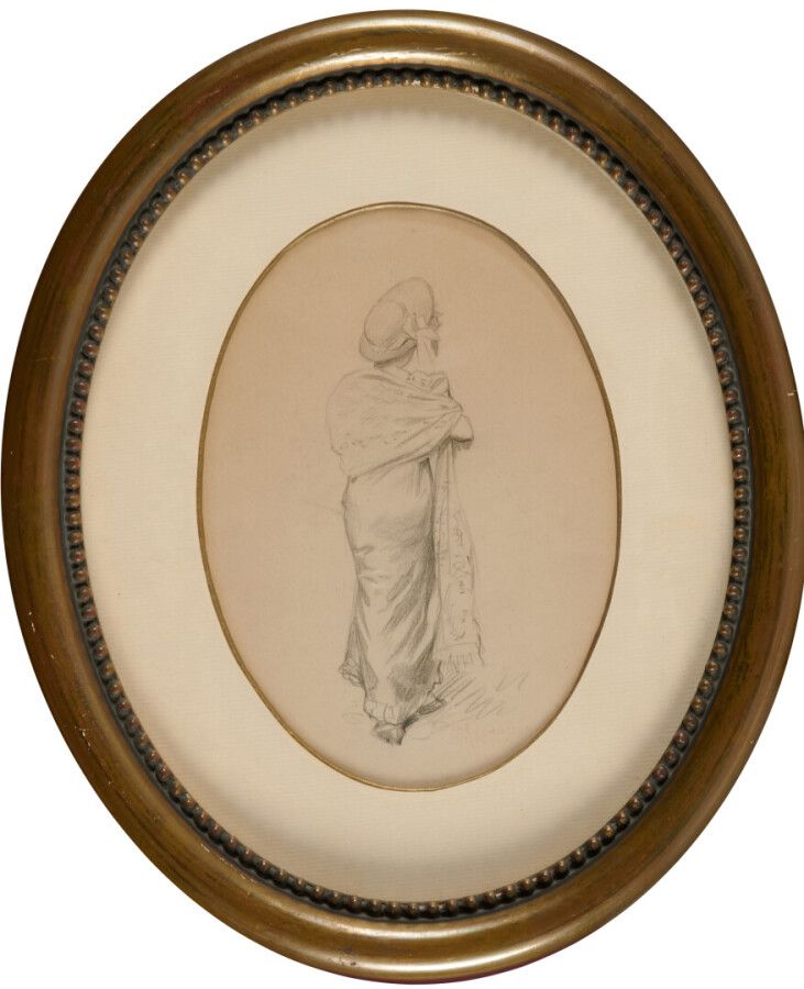 KEMMERER H. "优雅的背影 "黑色铅笔画，右下方有褪色的签名章 20.5 x 14.5 cm