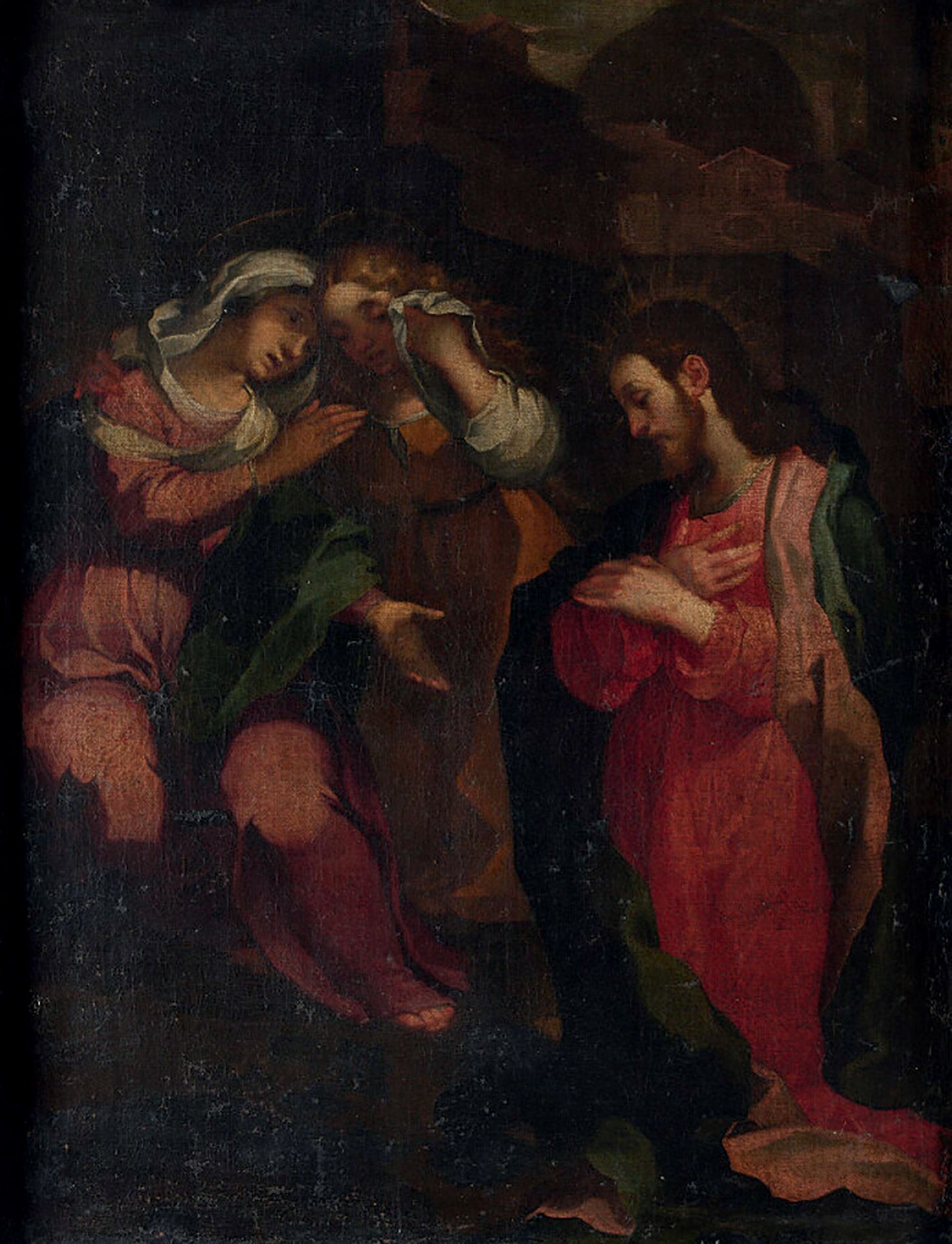 ECOLE ITALIENNE DU XVIIème SIECLE "基督和圣女" 布面油画，带衬里（旧修复） 84,5 x 64,5 cm