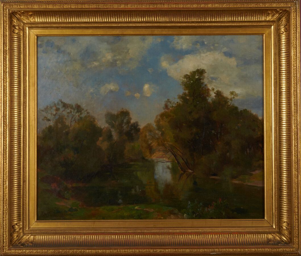 VANDERHOUVEN F. "有河的风景"
布面油画，左下角签名 49.5 x 61 cm