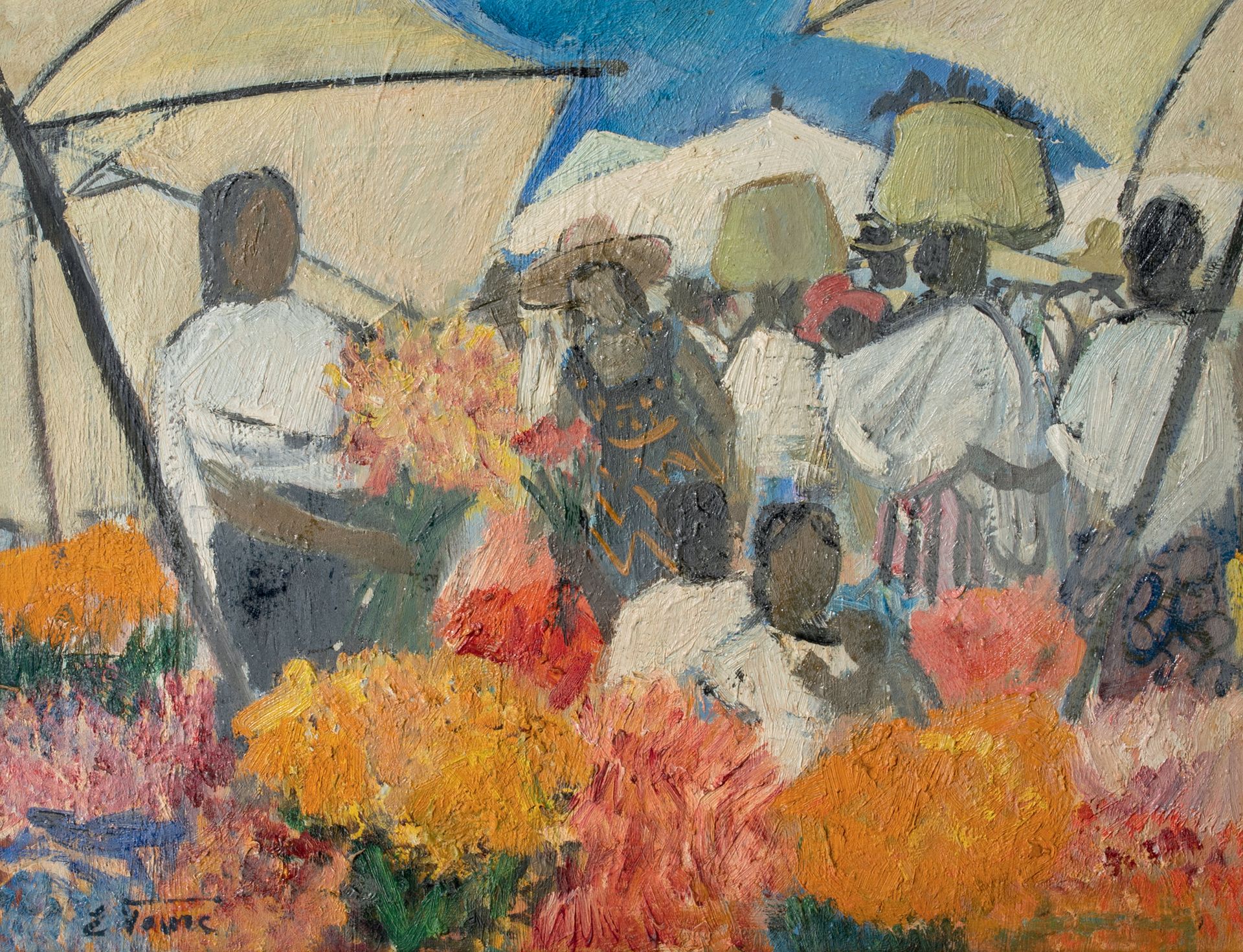 Élisabeth FAURE (1906-1964) 非洲的市场场景
面板上的油画，左下角有签名，左中部有小污点 33 x 43 cm