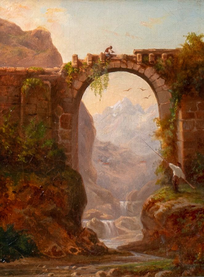 ECOLE ITALIENNE XIXème siècle 有桥和渔夫的山景画 布面油画
24 x 18.5 cm