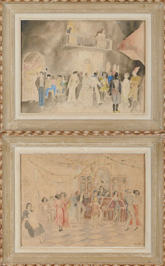 BOLHMAN Edgard (1902 - ?) "北部非洲的风景"，两幅水彩画组成的吊坠，位于拉巴特，日期为1933年 44 x 60厘米