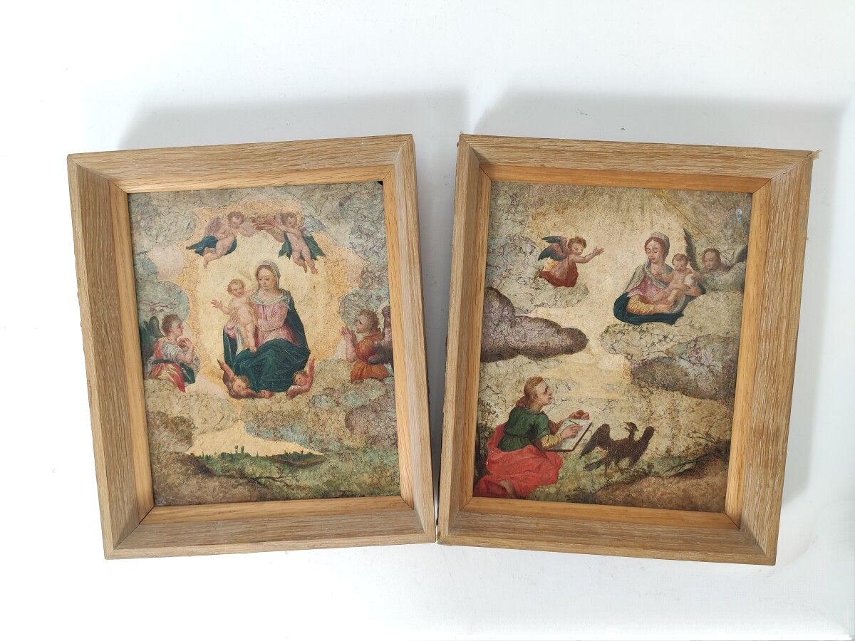 Ecole XVIIème siècle "云中圣母 "和 "帕特莫斯上的圣约翰 "两幅石上油画（修复）
20 x 16.5 cm