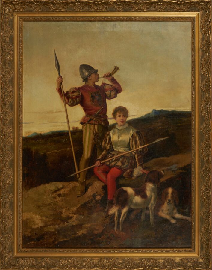 PICOLO LOPEZ Manuel (1855-1912) "狩猎场景"
布面油画，左下角签名（事故，缺失部分） 96.5 x 65.5 cm