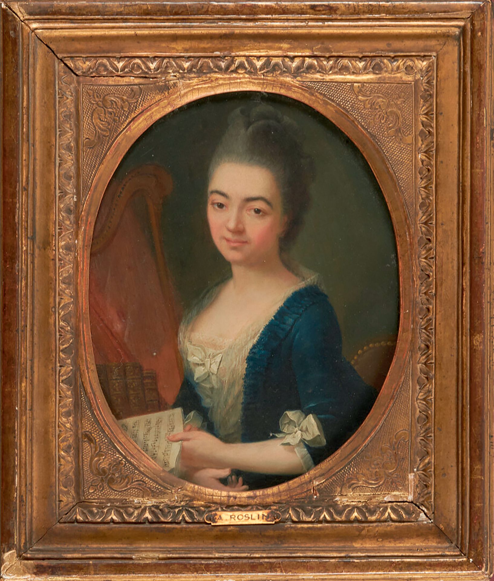 Ecole Française du XVIIIème siècle 手持竖琴的年轻女子肖像，手持乐谱
铜板上的油画
19.5 x 15.5 cm
