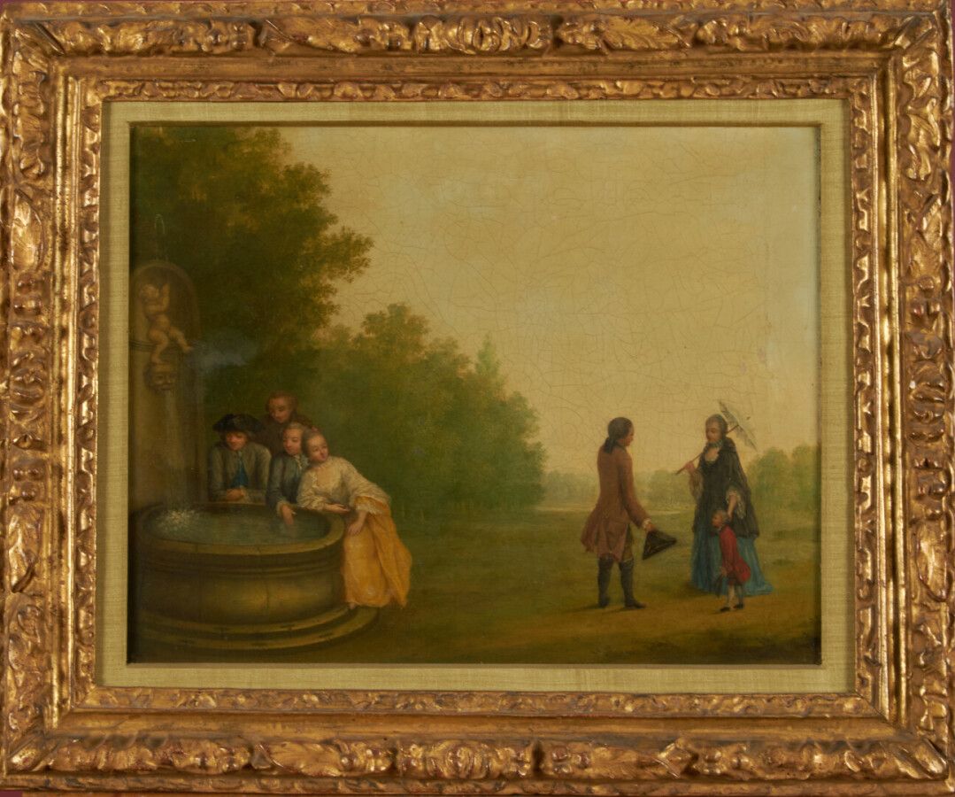 ECOLE FRANCAISE DU XIXème siècle Scène galante près d'une fontaine Oil on canvas&hellip;
