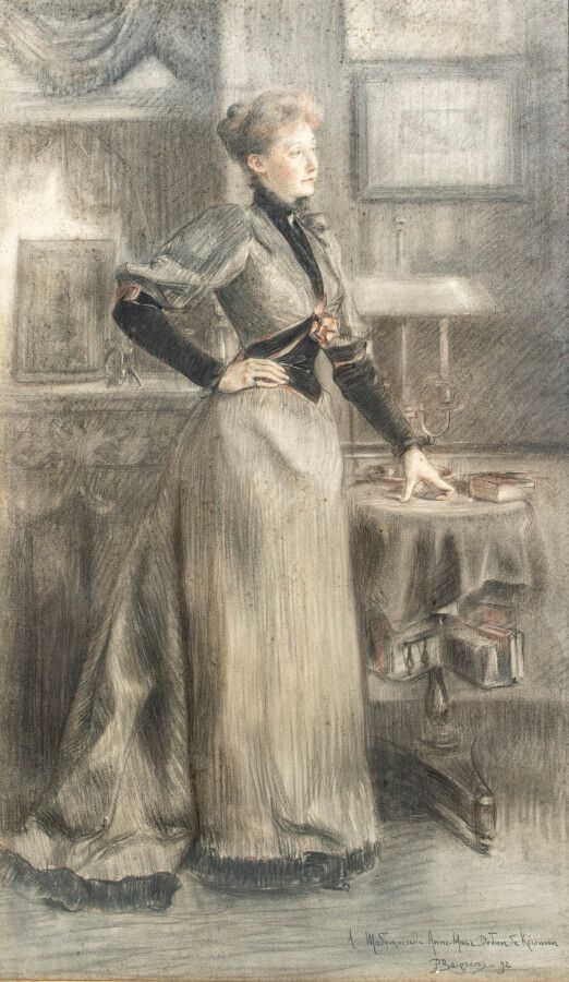 P.BAIGNERES 室内的女人
纸上炭笔和粉彩，右下角签名，献给Mademoisselle Anne-Marie Dodun de Kéromun，日期为9&hellip;