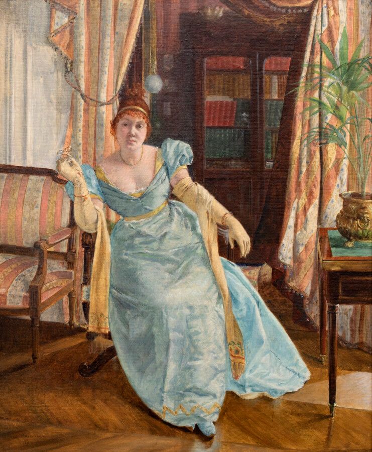 Louis MAISONNEUVE 室内的优雅女人
面板油画，左下角有签名和日期 1891 55 x 45 cm