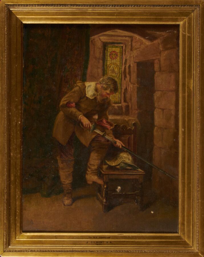 GILBERT J. "带剑的人 "布面油画，左下角有签名，日期为1857年（事故）
41 x 31 cm