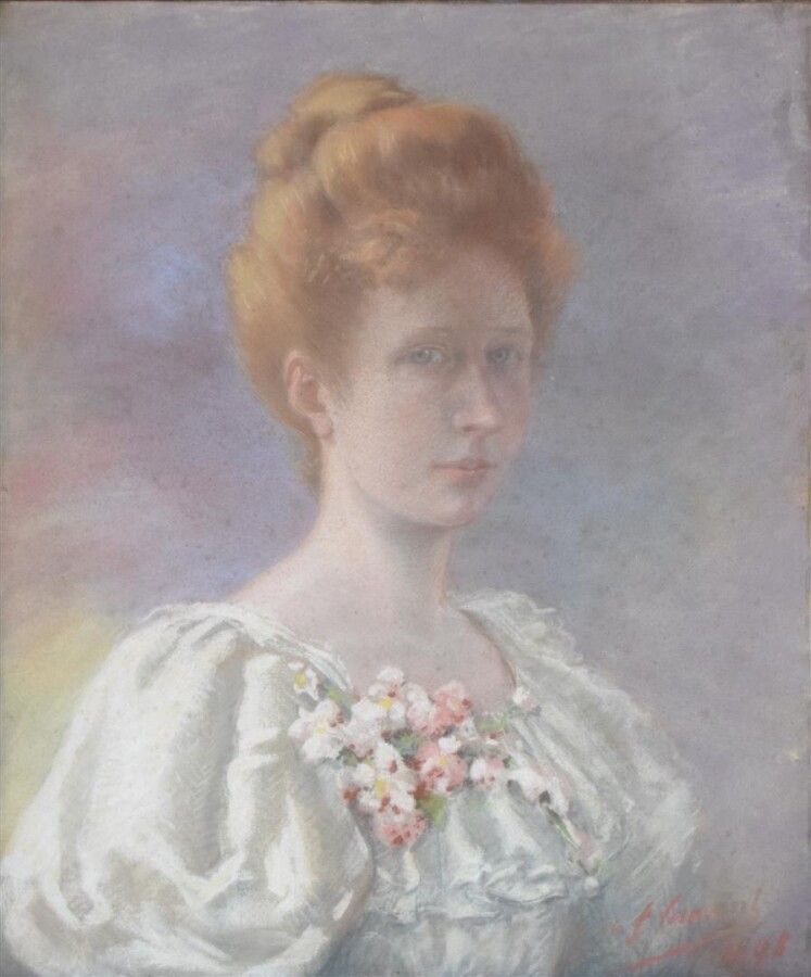 De FLAMENT G. "梳着发髻的年轻女子的肖像"，粉彩画的右下方，日期为1898年（右上方的小事故）
60 x 49 cm