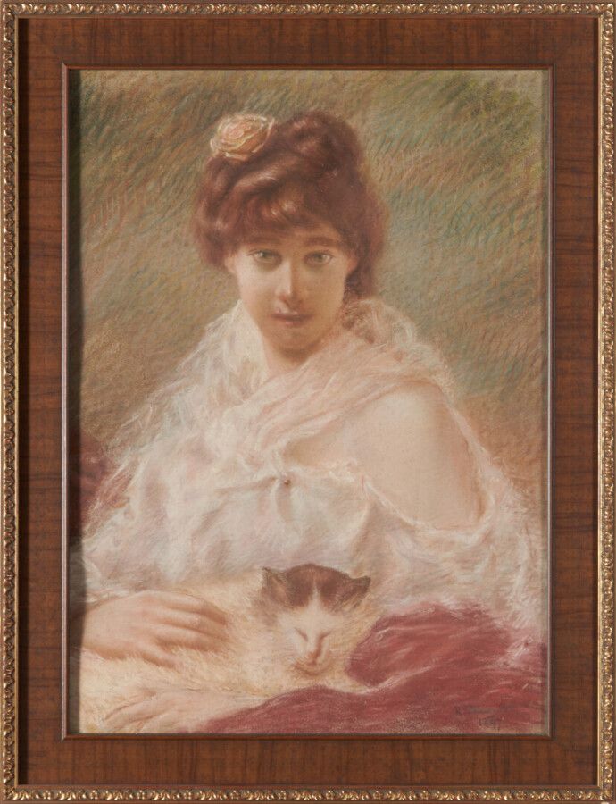 BARONET H. "带着猫的年轻女人 "粉彩画，右下角有签名和日期 1897年 59 x 42.5 cm