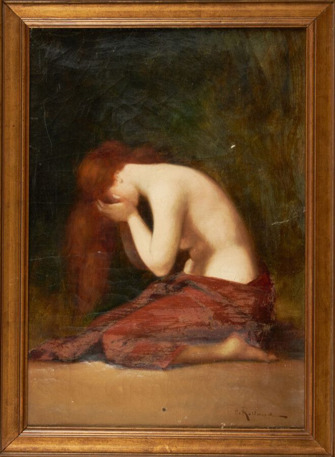 ROLLAND H. "哭泣的女人"
布面油画，右下角签名（水分，事故） 45.5 x 32 cm