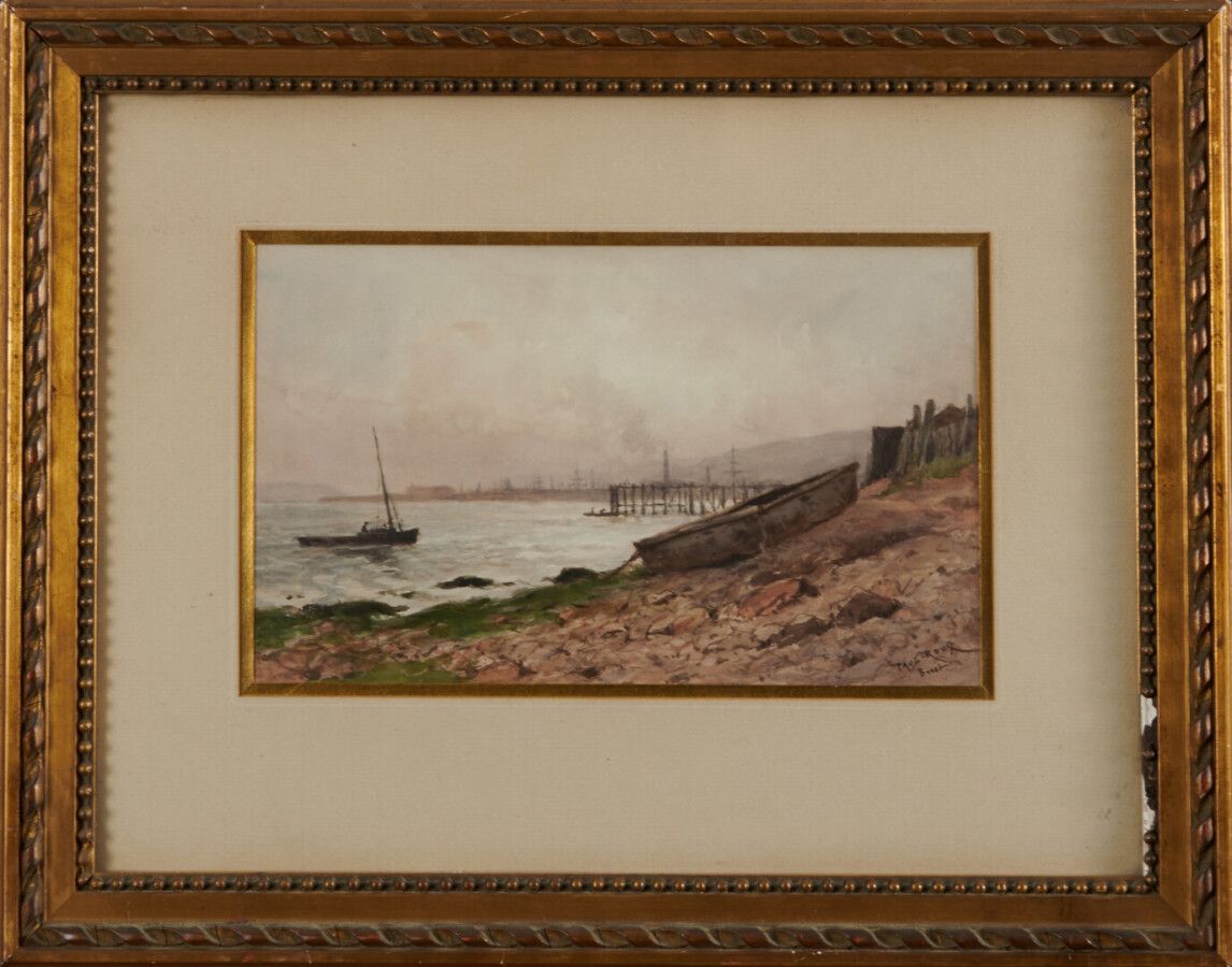 ROUX Paul (1845-1918) "Bateaux au mouillage à Brest"(布雷斯特停泊的船只)水彩画，右下角有签名，位于布雷斯特&hellip;