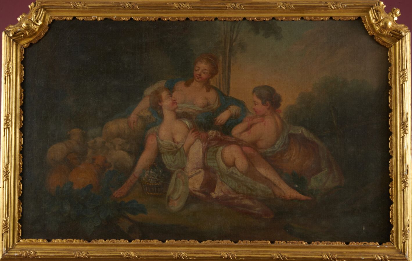 Ecole XVIIIème «Les trois amies» Huile sur toile retoilée 59 x 95 cm (griffures)