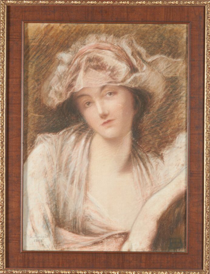 BARONET W. "Jeune femme pensive "粉彩画，左下角有签名，日期为1898年（事故）
59 x 42.5 cm