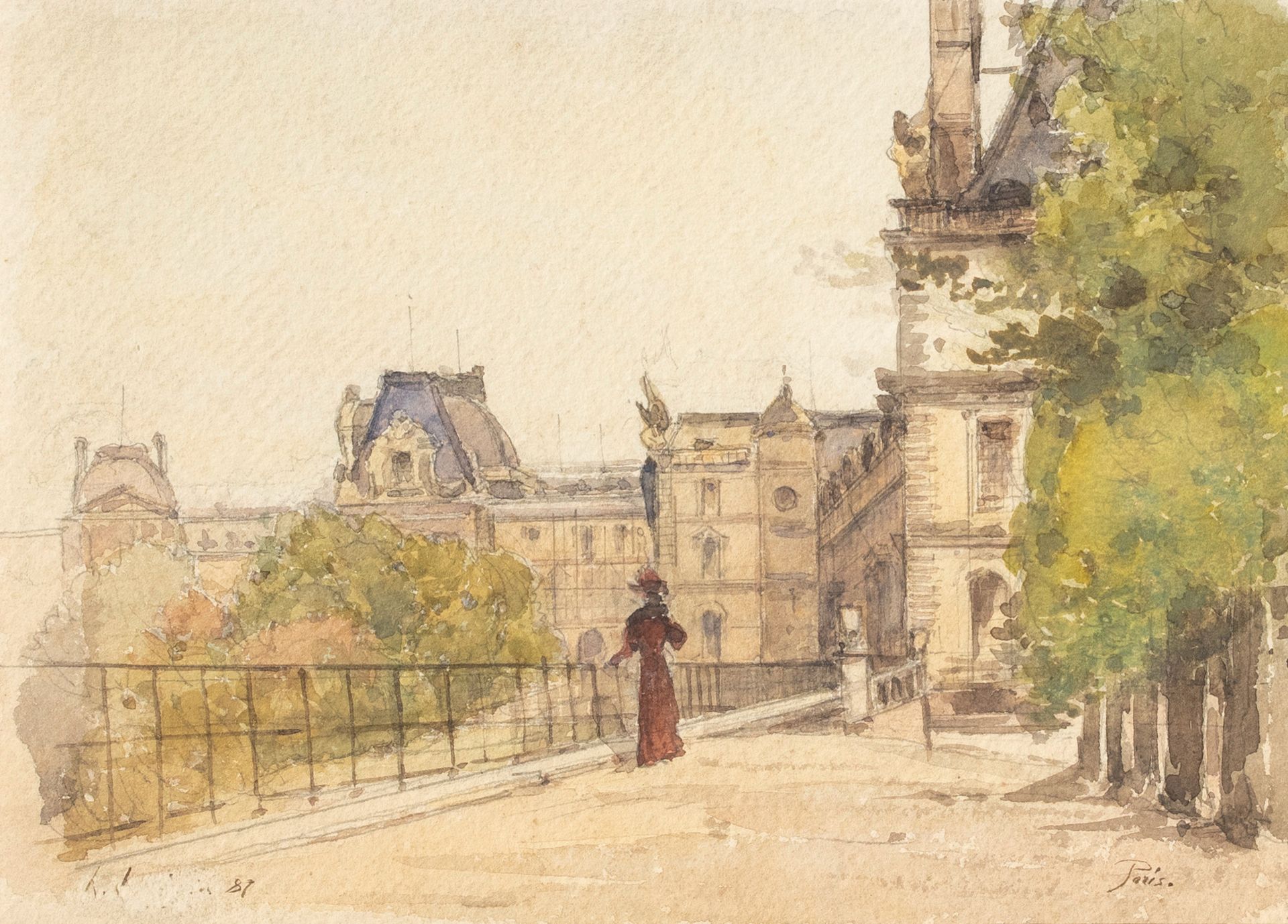 Attribué à Henri HARPIGNIES (1819-1916) 在杜伊勒里宫前的优雅
水彩画上有签名的痕迹，左下角有 "87"，位于巴黎右下角
&hellip;