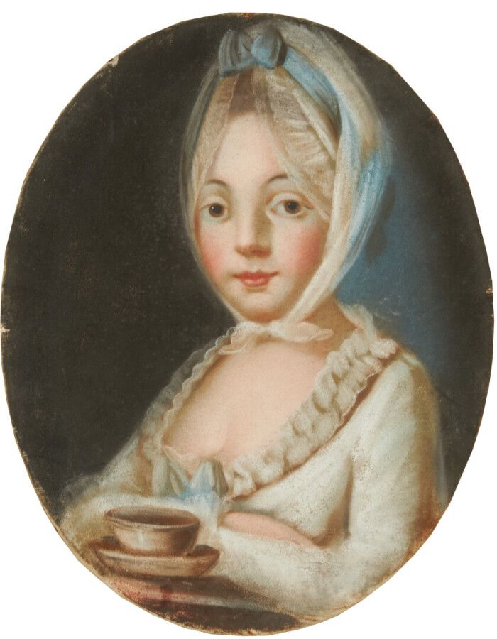 ECOLE FRANCAISE DU XIXème siècle Retrato de una joven con una taza de chocolate &hellip;