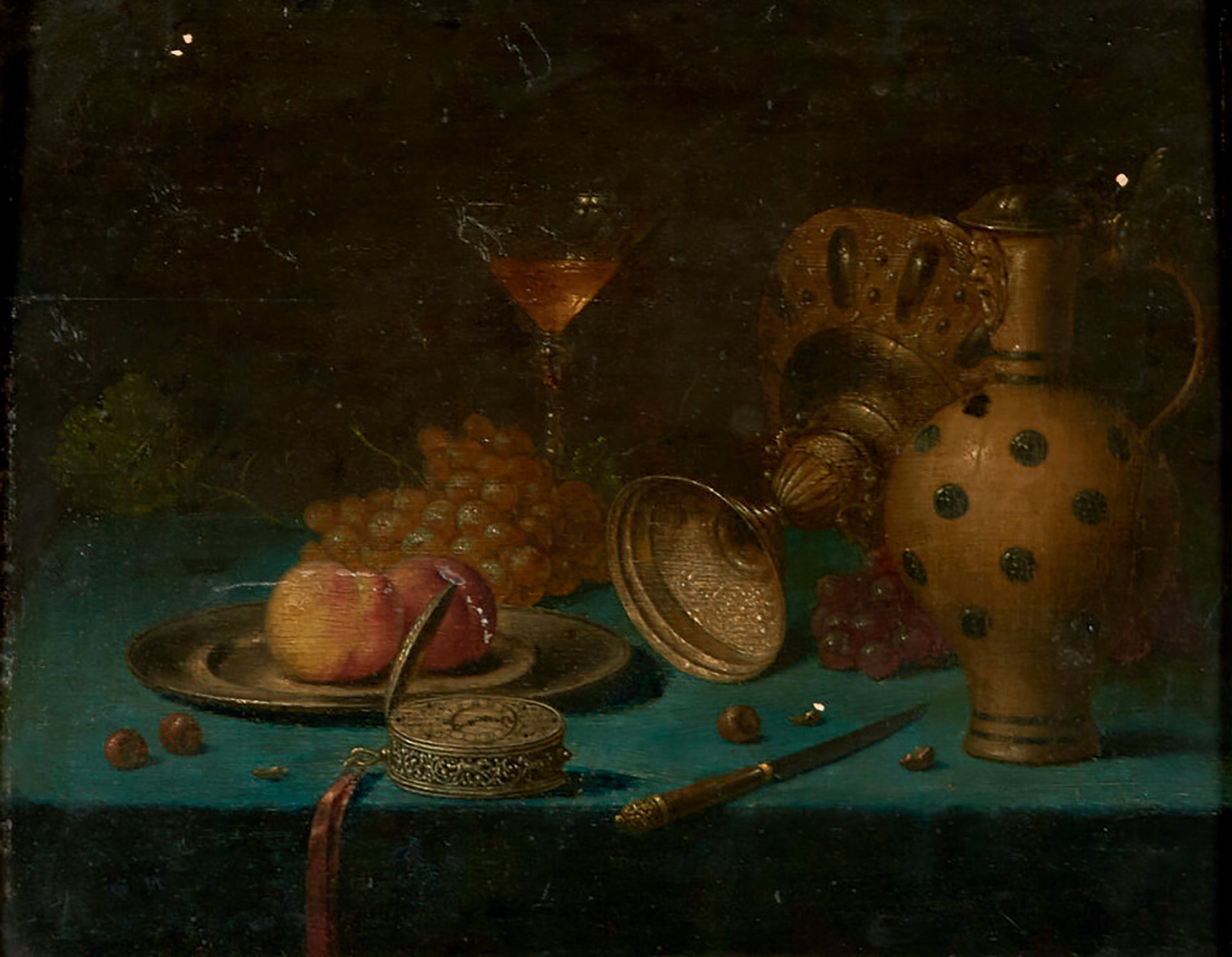 ECOLE HOLLANDAISE DU XVIIème SIECLE Still life with a stoneware pitcher, a pocke&hellip;