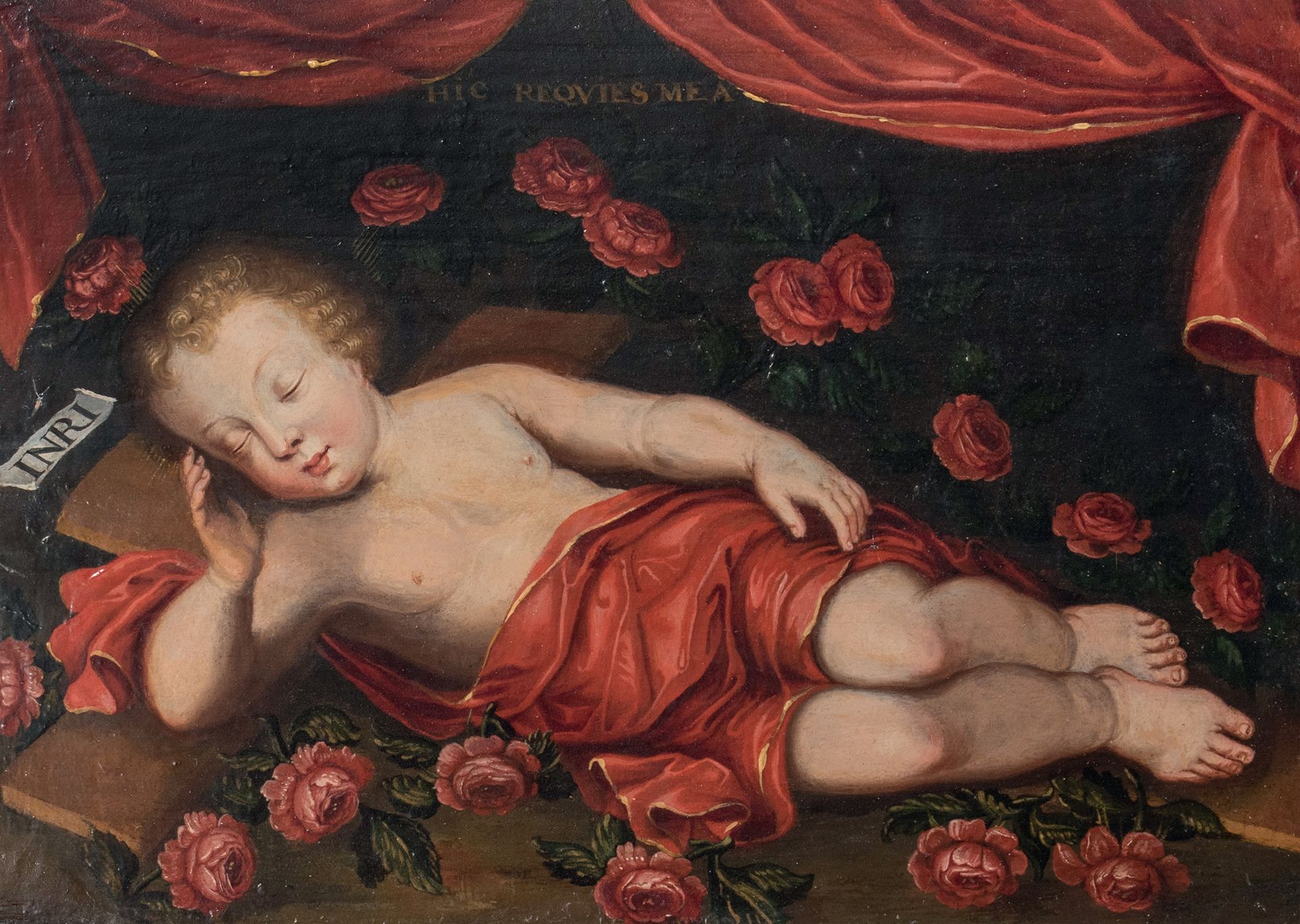 Ecole XVIIème siècle Gesù Bambino addormentato Olio su pannello 24,5 x 34 cm