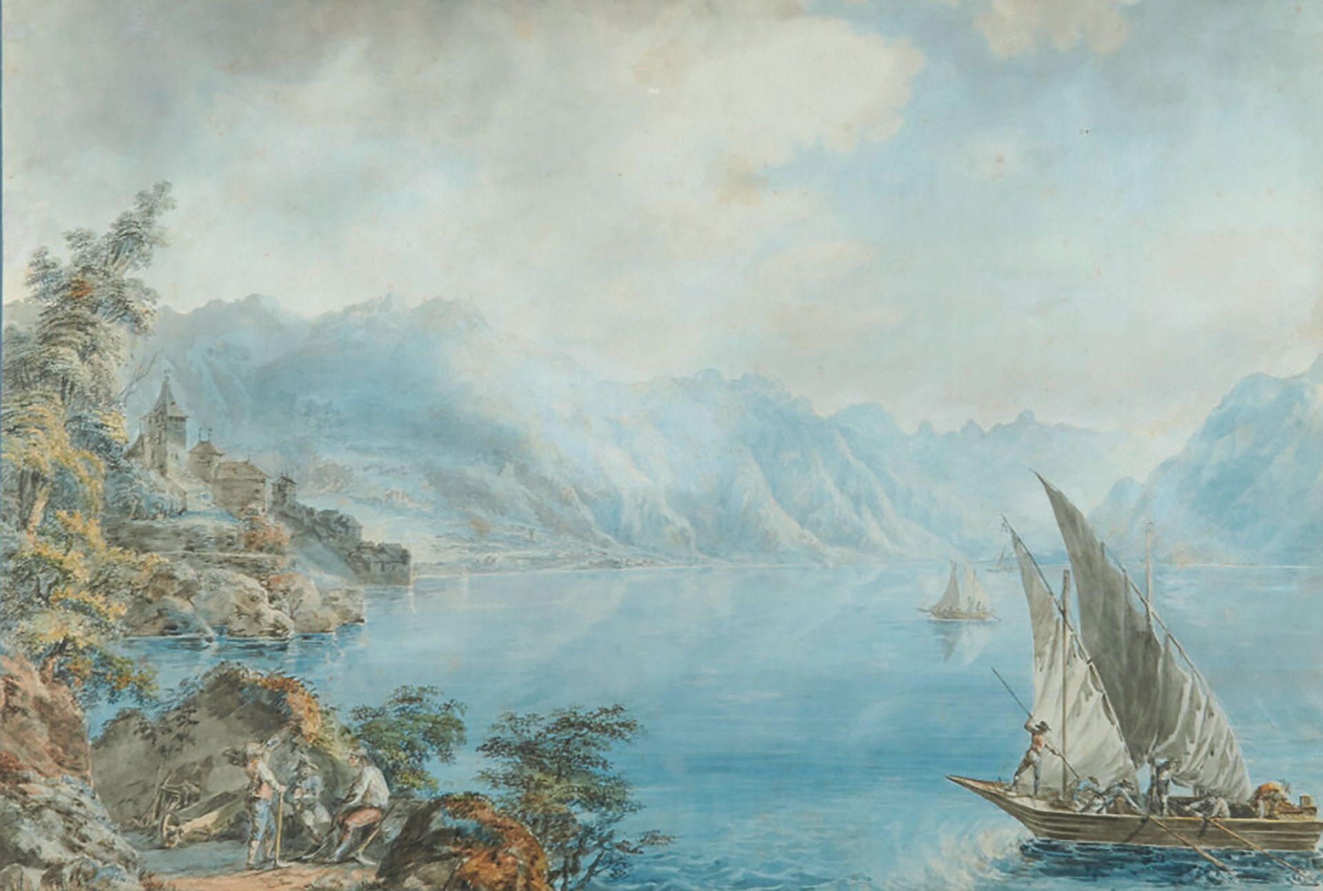 ÉCOLE SUISSE du XIXe siècle Paysage de montagne animé en bord de lac
Aquarelle, &hellip;